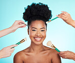 Makeup, brush in hands and portrait of black woman for beauty, cosmetics and facial on blue background. Salon, face cosmetology and happy girl for foundation tools, skincare and dermatology in studio