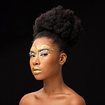Beauty, gold and portrait with black woman and makeup in studio for luxury, cosmetics and African pride. Natural, creative and goddess with female model on background for queen, bronze and glamour