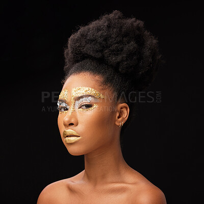 Beauty, gold and portrait with black woman and makeup in studio for luxury, cosmetics and African pride. Natural, creative and goddess with female model on background for queen, bronze and glamour