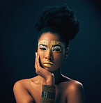 Makeup, gold and glitter with portrait of black woman in studio for luxury, cosmetics and African pride. Natural, creative and goddess with female model on background for queen, bronze and glamour