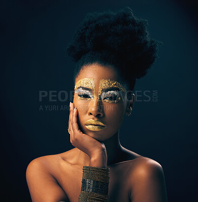 Buy stock photo Makeup, gold and glitter with portrait of black woman in studio for luxury, cosmetics and African pride. Natural, creative art and goddess with female model on background for queen, bronze or glamour