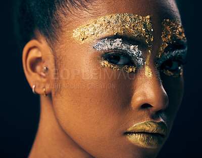 Buy stock photo Beauty, gold and elegant with black woman and makeup in studio for luxury, cosmetics and African pride. Natural, creative art and goddess with female model on background for queen, bronze and glamour