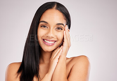 Buy stock photo Beauty, skincare and happy with portrait of woman in studio for spa treatment, cosmetics and self care. Face, glow and natural with model on white background for smile, satisfaction and results 