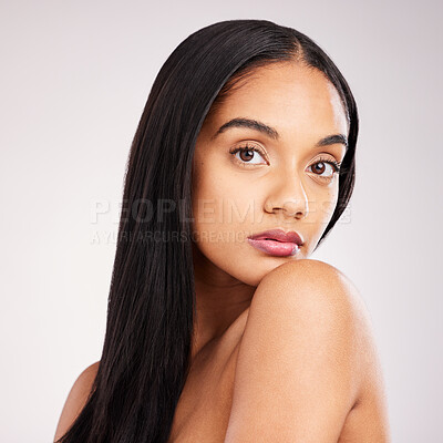 Buy stock photo Beauty, hairstyle and makeup with portrait of woman in studio for keratin treatment, shampoo and shine. Salon, texture and natural with model on white background for straight hair, face and results 