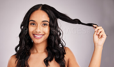 Buy stock photo Hair, woman and beauty, happy in portrait with cosmetics and hairstyle on studio background. Wellness, shine and female smile, face and cosmetic care, keratin treatment and texture, volume and mockup