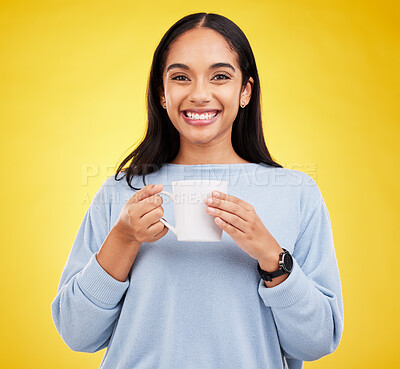 Buy stock photo Smiling portrait, coffee mug and happy woman in a studio with a smile from espresso. Isolated, yellow background and drink of a young female with happiness and joy ready to start the day with tea