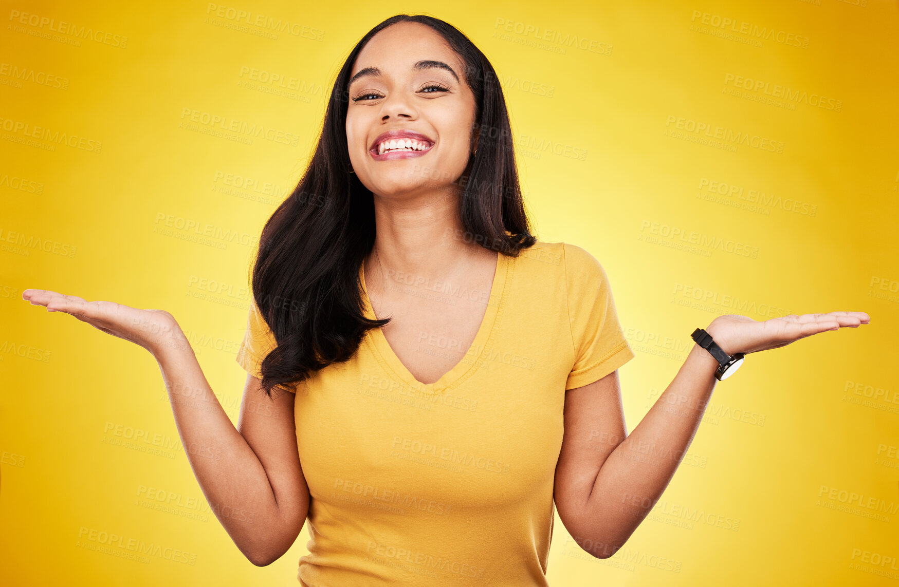 Buy stock photo Happy, mockup and palm with portrait of woman in studio for choice, announcement and deal. Opportunity, product placement and promotion with female on yellow background for branding, offer and show