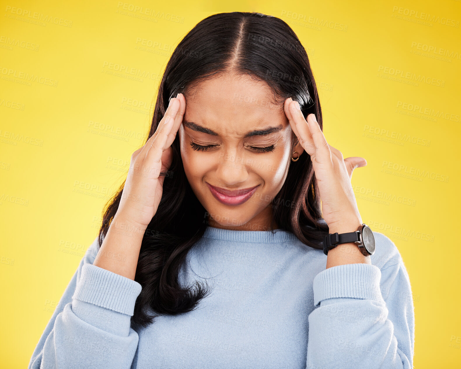Buy stock photo Young woman, stress and headache with pain and distress, frustrated and agony on yellow studio background. Female massage temple, mental health and anxiety with depression, migraine and trauma 