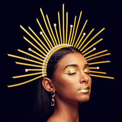 Buy stock photo Crown, gold makeup and an elegant queen isolated on a black background in a studio. Dreaming. art and an Indian goddess with cosmetics, accessories and jewelry for royalty on a dark backdrop