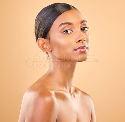 Buy stock photo Beauty portrait, face and a woman in studio for skincare, cosmetics, dermatology or makeup. Aesthetic female for self care, natural skin and spa facial shine or wellness results on a brown background