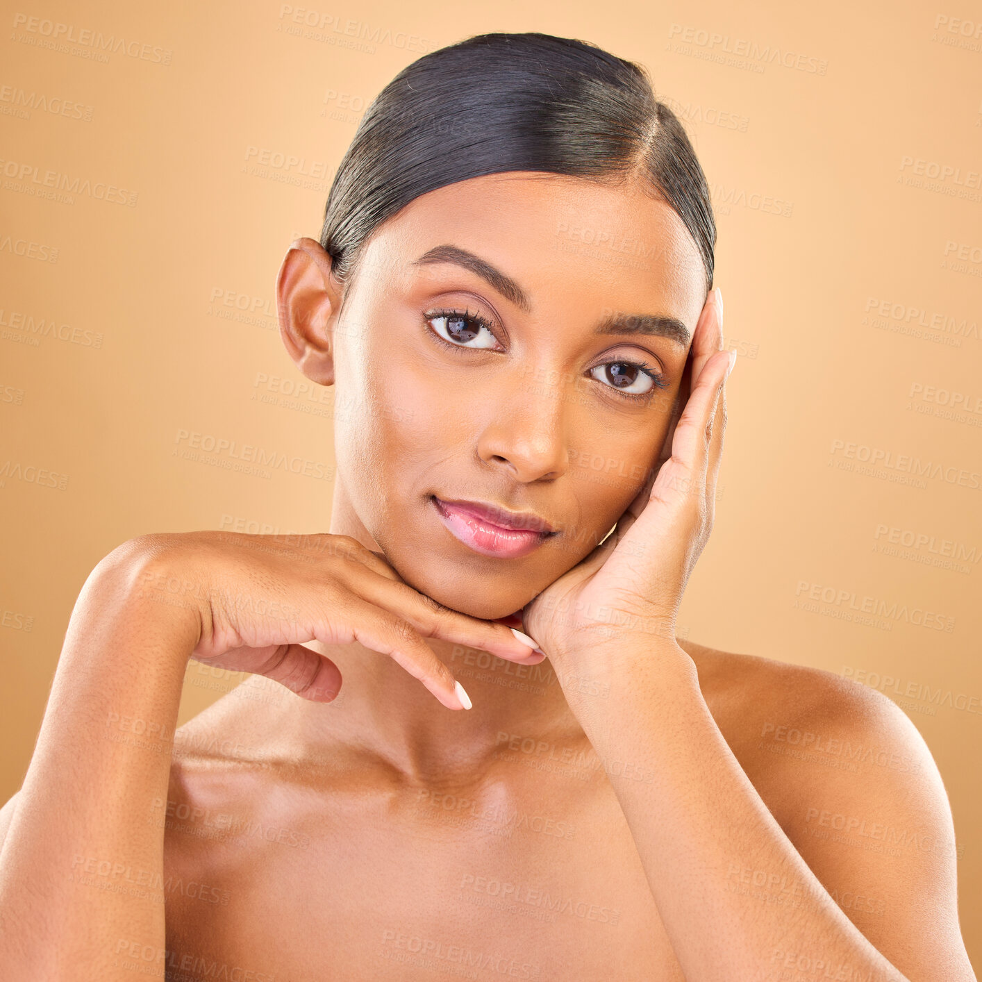 Buy stock photo Face portrait, skincare and beauty of woman in studio isolated on brown background. Makeup, serious cosmetics and confident Indian female model with spa facial treatment for healthy or flawless skin.