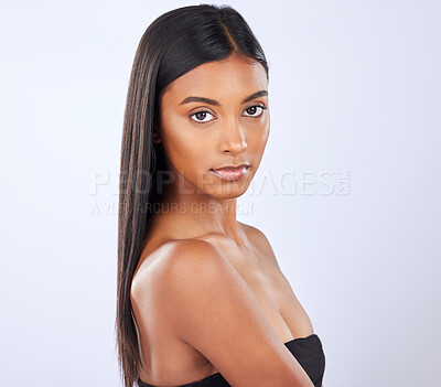 Buy stock photo Indian woman, hair care or face in studio portrait for beauty, healthy natural shine or wellness. Beautiful glowing young girl model, self love or salon cosmetics in grooming on white background 