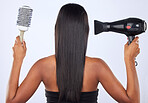 Brush, hair dryer or back view of woman in studio for keratin growth, healthy natural shine or wellness. Young Indian girl model, salon spa or self care cosmetics grooming routine on white background
