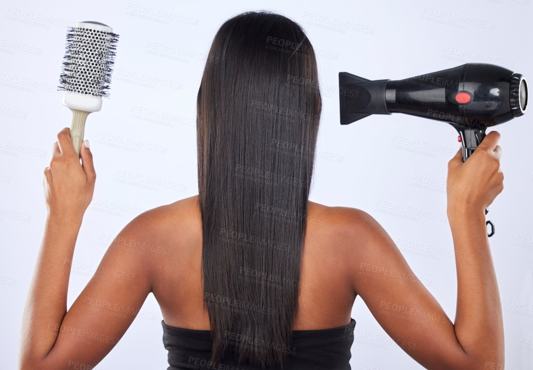 Buy stock photo Brush, hair dryer or back of woman in studio for keratin growth, healthy natural shine or wellness. Young girl model, salon spa or self care cosmetics grooming routine isolated on white background