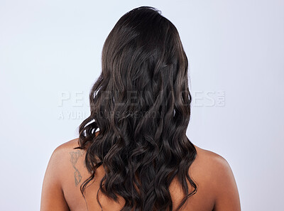 Buy stock photo Woman, hair care or back view in studio for beauty, healthy natural shine, keratin or wellness on white background. Girl model, self love or beauty salon grooming for curly style with mockup space