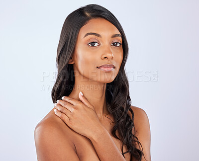 Buy stock photo Indian girl, hair or beauty in studio portrait for growth, healthy natural shine or grooming wellness. Face of glowing young woman model, salon spa mockup or self care cosmetics on white background 