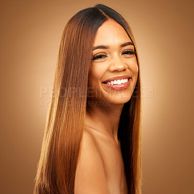 Buy stock photo Hair care, beauty and smile of woman portrait in studio for growth and color shine or healthy texture. Aesthetic female happy for haircare, natural makeup and hairdresser or salon brown background
