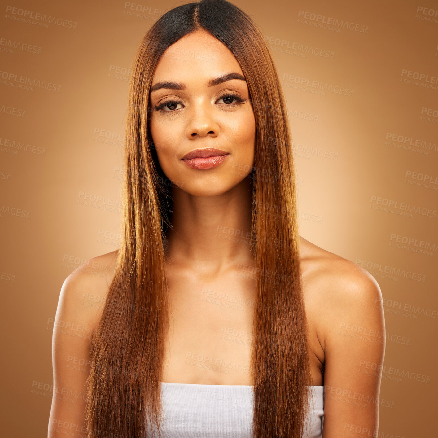 Buy stock photo Hair care, beauty and portrait of woman in studio for growth, color or healthy texture. Aesthetic female for haircare, natural skincare and hairdresser salon for self love style on brown background
