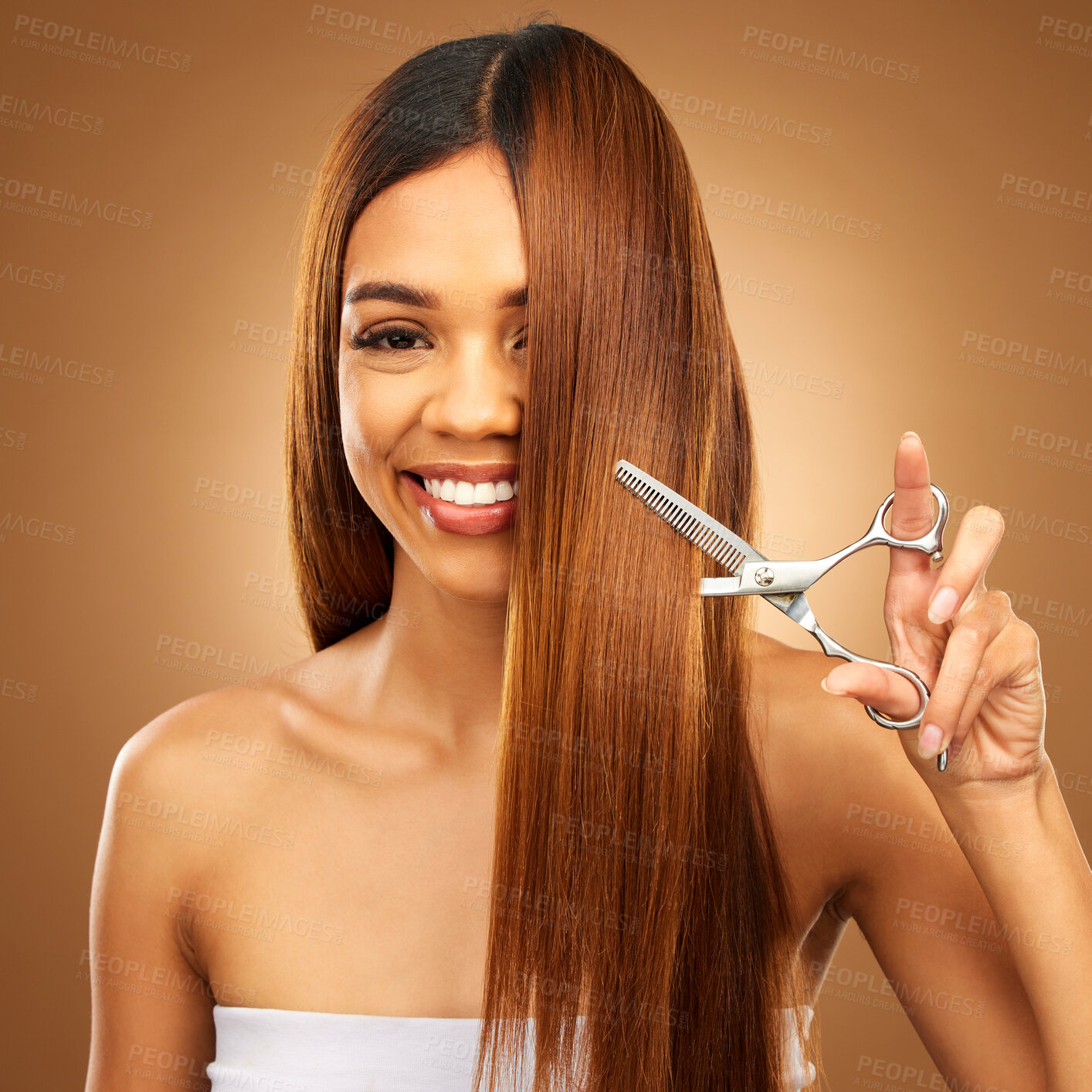 Buy stock photo Hair care, beauty and portrait of woman with scissors and smile for luxury salon treatment on brown background. Happy model, brunette hairstyle and cut for split ends, haircut for style in studio.