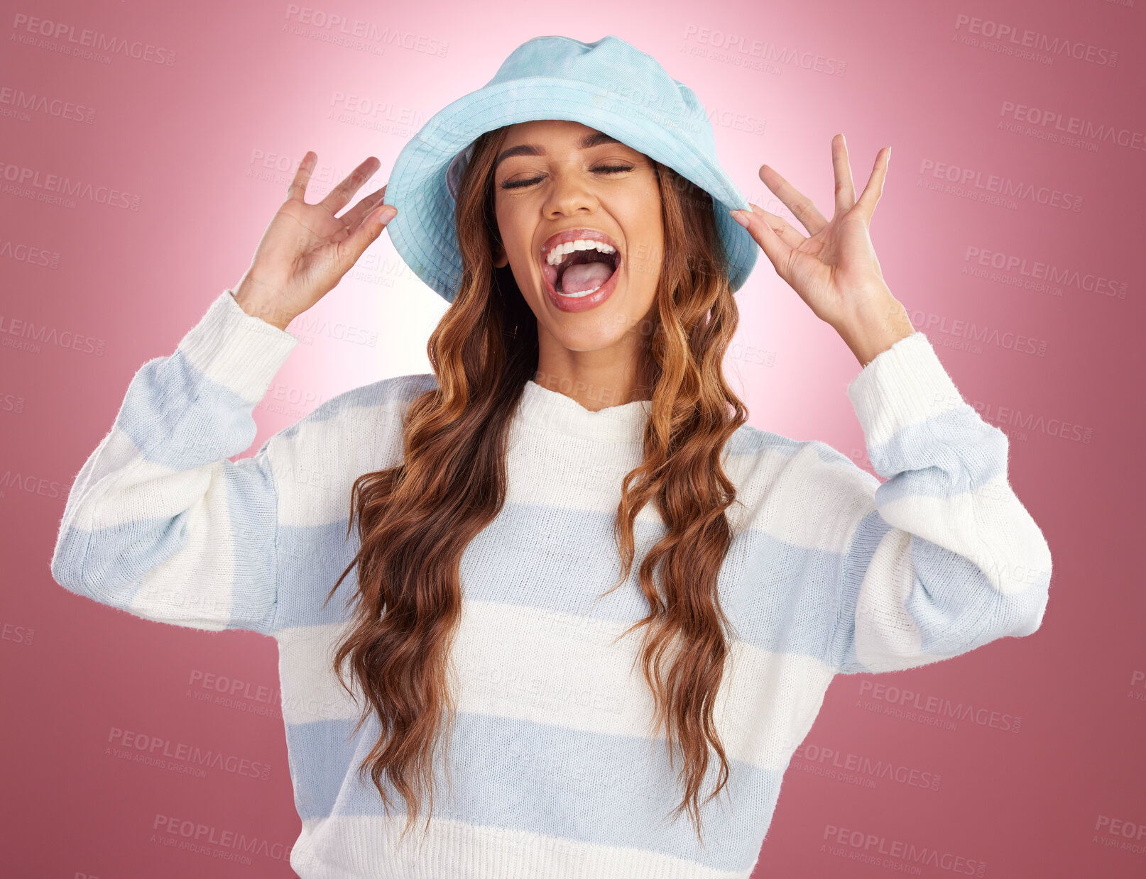 Buy stock photo Fashion, happy and face of woman in studio with confidence, happiness and positive mindset. Beauty, facial expression and excited girl in trendy style, cosmetics and casual clothes on red background