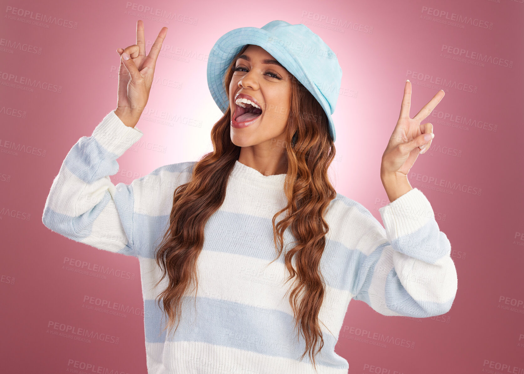 Buy stock photo Fashion, happy and portrait of woman with peace sign on studio background for confidence, excited and emoji. Beauty, facial expression and girl smile with trendy style, funky cosmetics and laughing