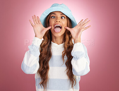 Buy stock photo Fashion, comic hands and face of woman on studio background for funny, humour and emoji reaction. Beauty, facial expression and happy girl with confidence, happiness and crazy sign in trendy clothes