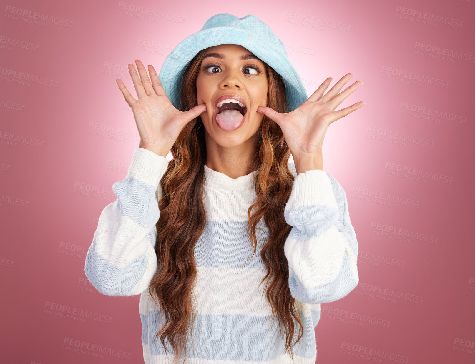 Buy stock photo Fashion, comic hands and face of woman on studio background for funny, humour and emoji reaction. Beauty, facial expression and happy girl with confidence, happiness and crazy sign in trendy clothes