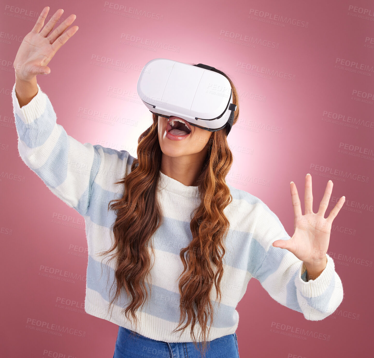 Buy stock photo VR, metaverse and gaming with a woman using a headset to access the online world of innovation. AI, 3D and virtual reality with a female gamer in studio on a pink background using future technology