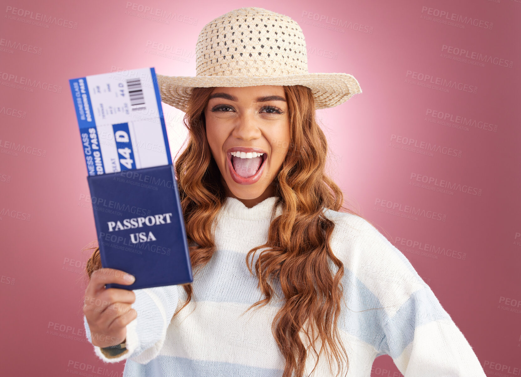 Buy stock photo Woman, passport and excited in studio portrait with happiness, identity and plane ticket by gradient background. Happy student girl, USA travel documents and smile for freedom, vacation or holiday