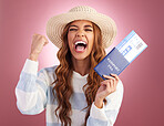 Woman, passport and winner in studio portrait with celebration, identity and plane ticket by gradient background. Happy student girl, USA travel documents and shout for freedom, vacation or holiday