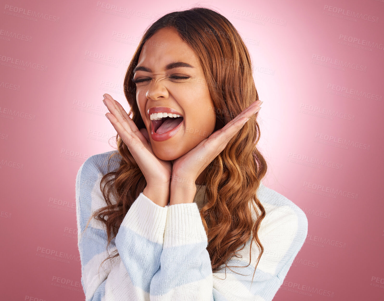 Buy stock photo Wow, happy and woman screaming in studio for deal, announcement or good news of sale on pink background. Face, shouting and girl excited, shocked and surprised by discount, promotion or launch