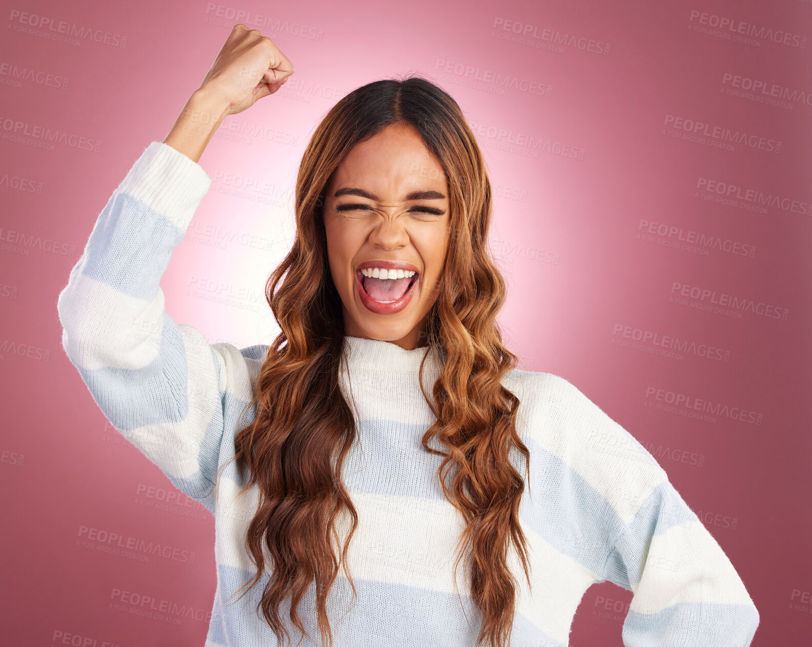 Buy stock photo Woman, fist celebration and studio portrait with happiness, winner mindset and smile by gradient background. Girl, model and young with excited face, happy and yes celebrate for winning achievement