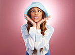 Fashion, comic face and woman with tongue out on studio background for funny face, fun and emoji reaction. Beauty, facial expression and happy girl model for trendy style, cosmetics and casual hat