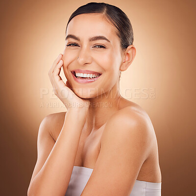 Buy stock photo Skincare satisfaction, face portrait and happy woman with luxury facial cosmetics, natural makeup glow and studio beauty. Dermatology, spa salon person and aesthetic female model on brown background
