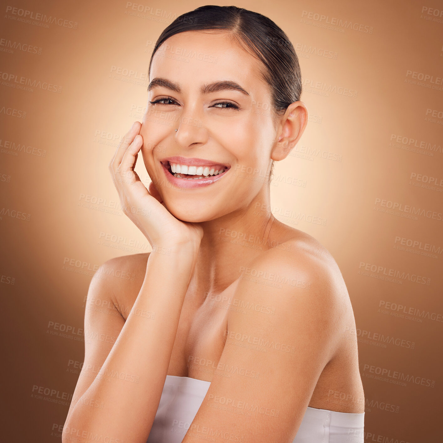 Buy stock photo Skincare satisfaction, face portrait and happy woman with luxury facial cosmetics, natural makeup glow and studio beauty. Dermatology, spa salon person and aesthetic female model on brown background