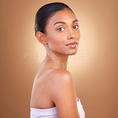 Buy stock photo Beauty, makeup and portrait of Indian woman for skincare, healthy skin and facial treatment in studio. Dermatology, luxury spa mockup and face of happy girl with wellness, cosmetics and confidence