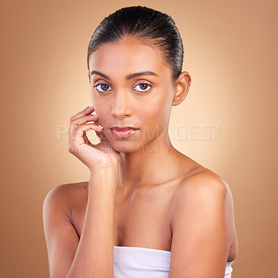 Buy stock photo Skincare, natural beauty and portrait of a woman in a studio for wellness and dermatology. Cosmetics, model and facial glow of a young person self care, makeup and healthy face shine from cosmetology