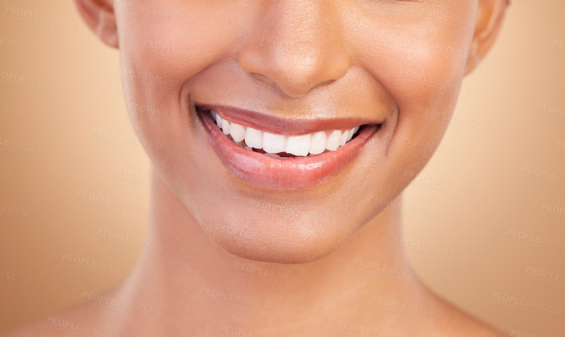 Buy stock photo Woman, smile with teeth and dental with beauty and healthcare, face and mouth closeup on studio background. Skin, glow and whitening with cosmetic care, health and veneers, female and oral hygiene