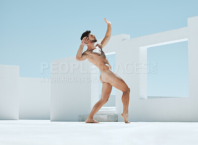 Buy stock photo Man model pose, naked statue and art deco frame of a male outdoor for fine and lgbt artwork. Architecture, open space and live greek statues with a person posing as homosexual figure for creativity