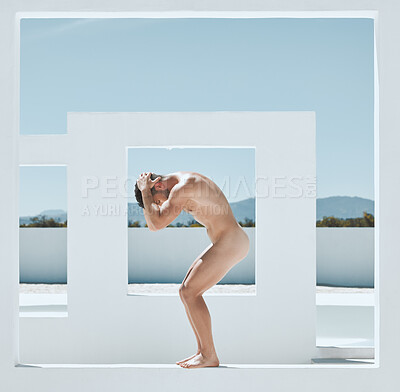 Buy stock photo Man, naked statue and art deco frame of a male in sun posing outdoor for fine and lgbt artwork. Architecture, nude and live greek statues with a person with power and homosexual figure for creativity