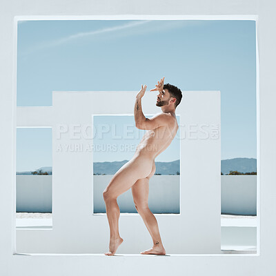 Buy stock photo Man model, naked statue pose and art deco frame of a male outdoor for fine and lgbt body artwork. Architecture, nude and live greek statues with person with power and homosexual figure for creativity