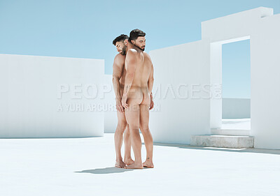 Buy stock photo Naked statue, art deco and men embrace in open space architecture in the nude. Outdoor, live greek statues and model portray homosexual, freedom and creative display of gay expression as artwork
