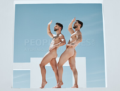 Buy stock photo Art, pose and naked men in blue sky, creative architecture and sun, muscle and male athletic lgbt body. Pride, power and gay couple posing as artistic Greek athlete statue, freedom in self expression