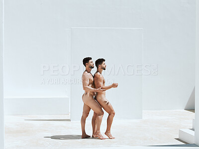 Buy stock photo Art, creativity and naked men together in pose, embrace and sun in Greek architecture, photography and lgbt love. Creative pride aesthetic, artistic passion and nude gay couple with athletic body.