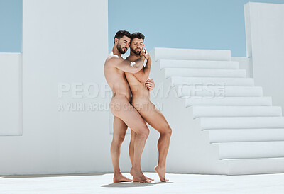 Buy stock photo Art, romantic embrace and naked men pose together in sun, blue sky and Greek architecture in lgbt photography. Creative pride aesthetic, artistic passion and love, nude gay couple with athletic body.