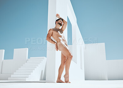 Buy stock photo Creative, artistic and a man in the nude by a building for fantasy, freedom and handsome. Pose, art and a naked model standing by a wall in summer while attractive, sensual and seductive in nudity