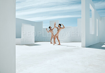 Buy stock photo Naked statue, art deco and men posing in open space architecture in the nude. Outdoor, live greek statues and model portray homosexual, power and fitness muscle display of creativity as artwork