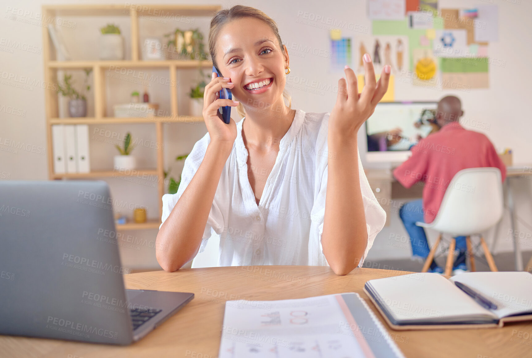 Buy stock photo Business call, phone and portrait of a woman in a office with communication and networking. Happy, female and mobile planning with a smile with professional information and creative work goals