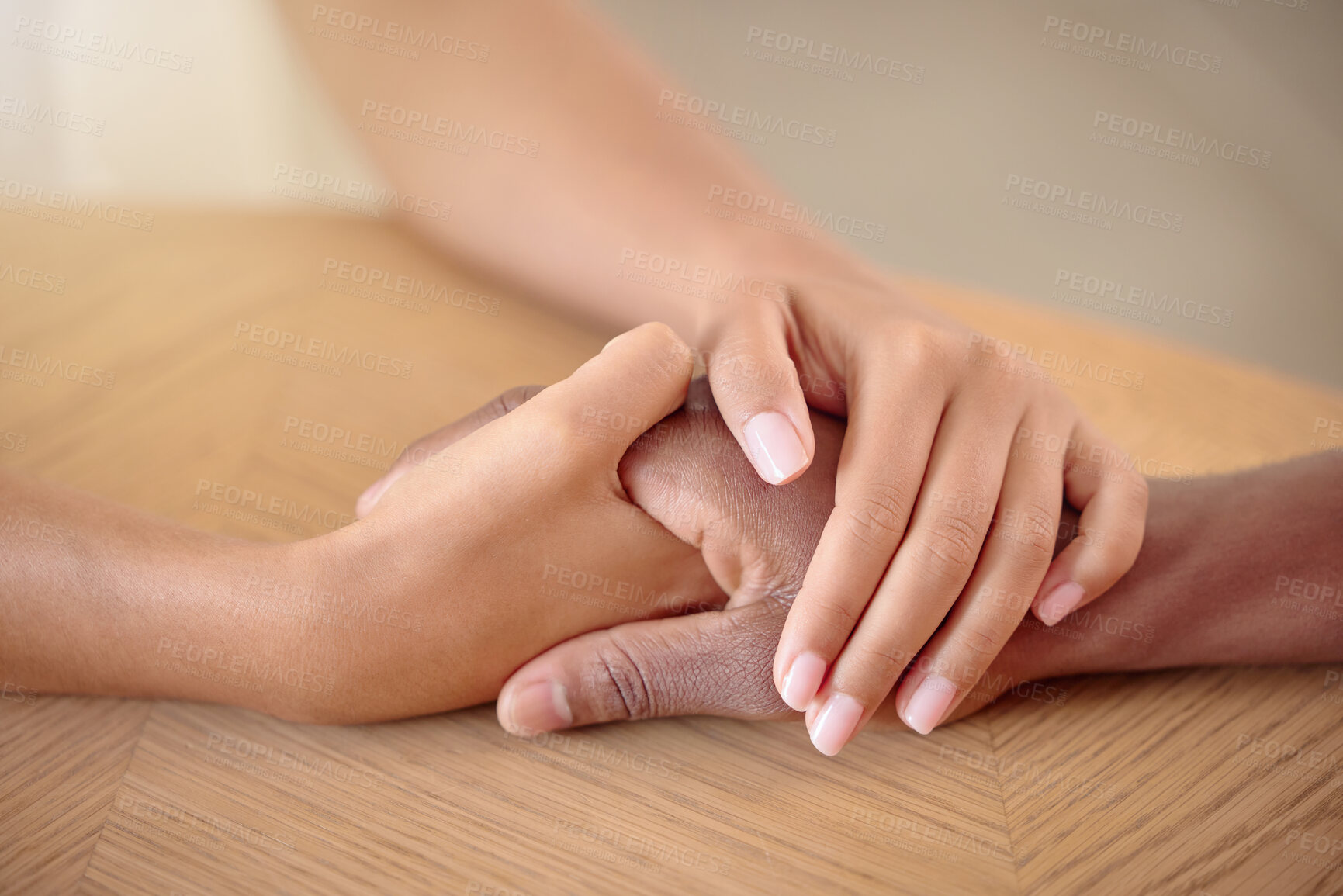 Buy stock photo Support, empathy and compassion with people holding hands for hope, trust and kindness. Mental health, understanding and faith with friends in unity for solidarity, emotional and comforting 