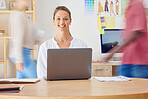 Busy office, woman portrait and laptop of a female fashion designer and stylist with a smile in office. Website, ecommerce analytics and design research of a young person working style business app